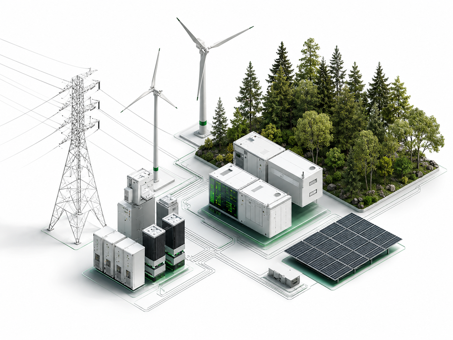 Abstract double exposure blending energy infrastructure with regional grid and renewable generation.